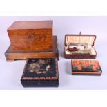 A walnut tea caddy, a tortoiseshell brush and comb set, a cutlery box and two other boxes