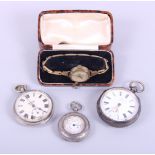 A Continental white metal fob watch, a Kays "Famous Lever" silver cased key-wound pocket watch,