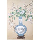 A 19th century Chinese watercolour, vase of flowers, unframed, and a number of other pictures,