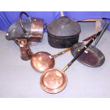 Two copper warming pans, a copper coal scuttle, an oval copper pan, an Art Nouveau copper flagon and