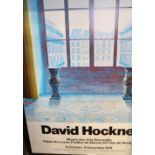 A colour poster advertising a David Hockney exhibition, Paris 1974, in ebonsied strip frame