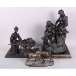 A cold cast figure group, boy and girl, on ebonised base, 18" high, a similar figure, girl with