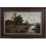 A 19th century oil on canvas, shepherd and shepherdess with sheep by a river, 12" x 20", in wooden