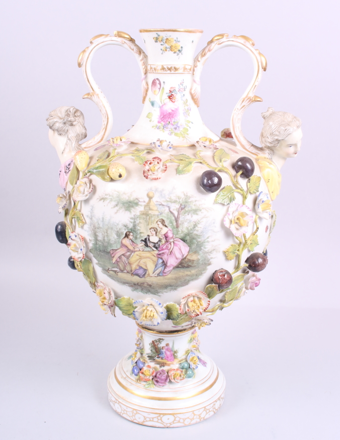 A two-handled vase, decorated fruit and flowers in high relief, with two painted panels of - Image 7 of 15