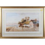 F Ramus, 1905: watercolours, cottages with shepherd and sheep, 9 1/4" x 16 1/2", in wash line