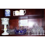 A glass table lustre, decorated birds and flowers, a quantity of glassware including whisky