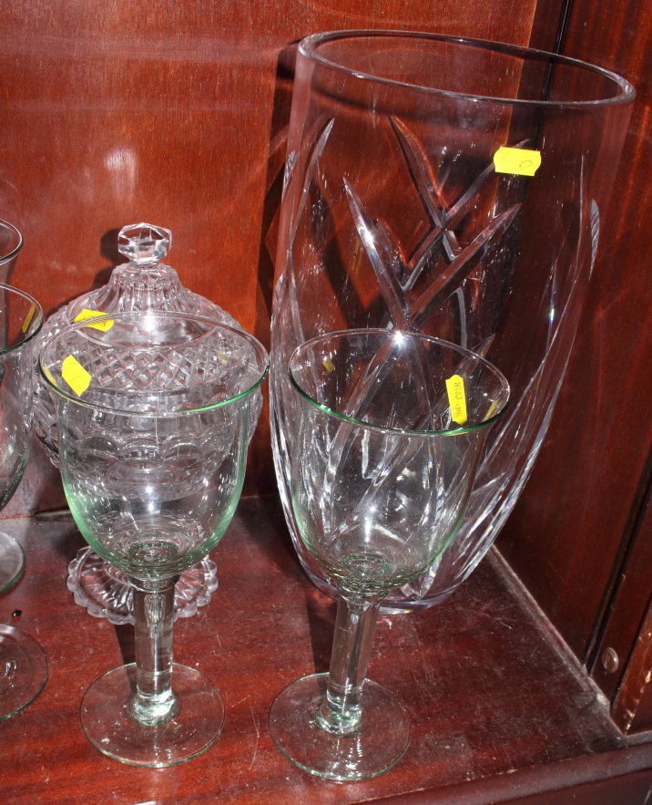 A Waterford crystal vase, by John Rocha, 13 3/4" high, a raised glass bowl and cover and seven green - Image 2 of 3