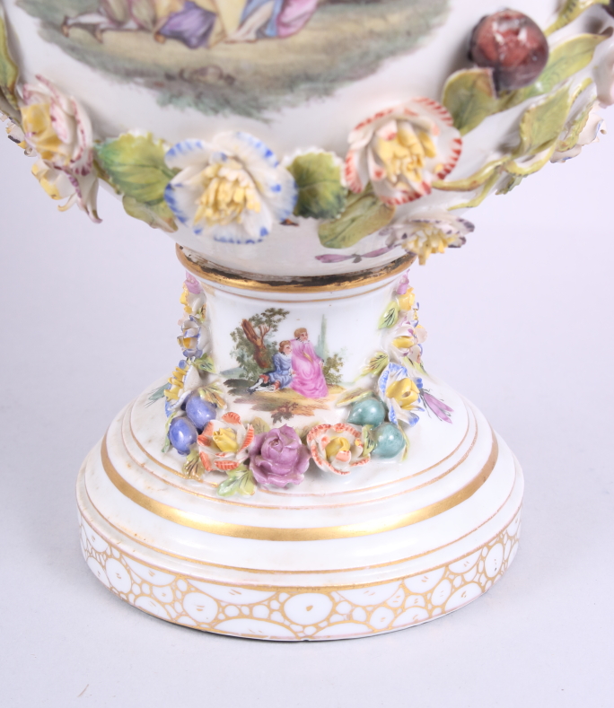 A two-handled vase, decorated fruit and flowers in high relief, with two painted panels of - Image 10 of 15