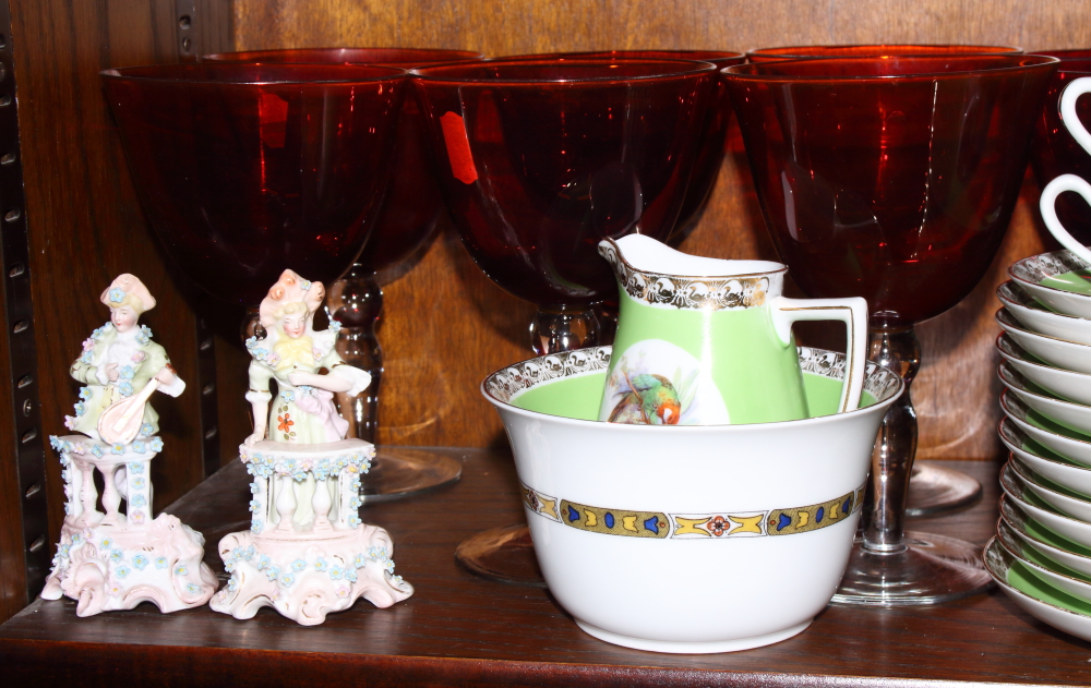 A Czechoslovakian part teaset, decorated with various birds, six cranberry goblets, two airtwist - Image 2 of 6