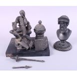 A Spelter inkwell, in the form of a scholar, and a metal bust of Darius?, 6" high