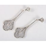 A pair of Art Deco style white metal and marcasite drop earrings, 2 1/2" long