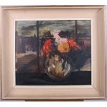 Tom Whitehead: oil on board, "Flowers in a Northern Landscape" 14" x 16", in painted frame