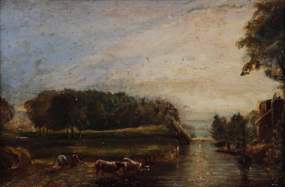 Early 19th century school: oil on oak panel, landscape with cattle watering and a river, 8" x 12", - Image 2 of 3
