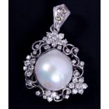 A Mabe pearl pendant in floral white metal mount, set single cognac and single Cape diamond to
