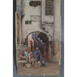 Alexandre Nicolaievich Roussoff: watercolours, "Cairo" gateway with merchants, 14" x 18", unframed