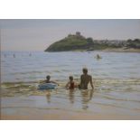 Steven Jones: a pair of oil on boards, beach scenes, 18 1/2" x 26", in burr effect frames