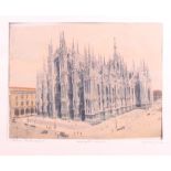A coloured engraving, "El Duomo - Milan", unframed, two prints, "Whispers of Love" and "Wedded", two