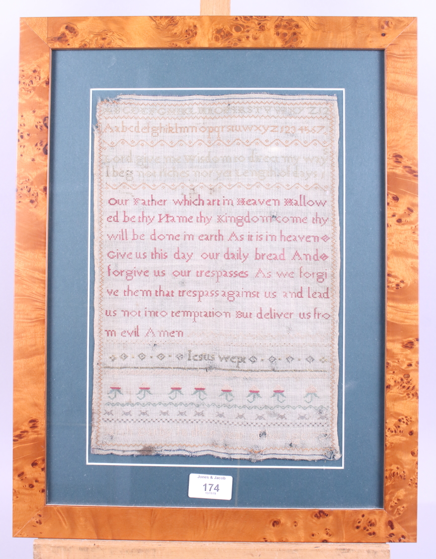 An 18th century needlepoint sampler, by Sarah Darby, dated 177?, 12 1/2" x 8 1/2", in maple frame - Image 2 of 2