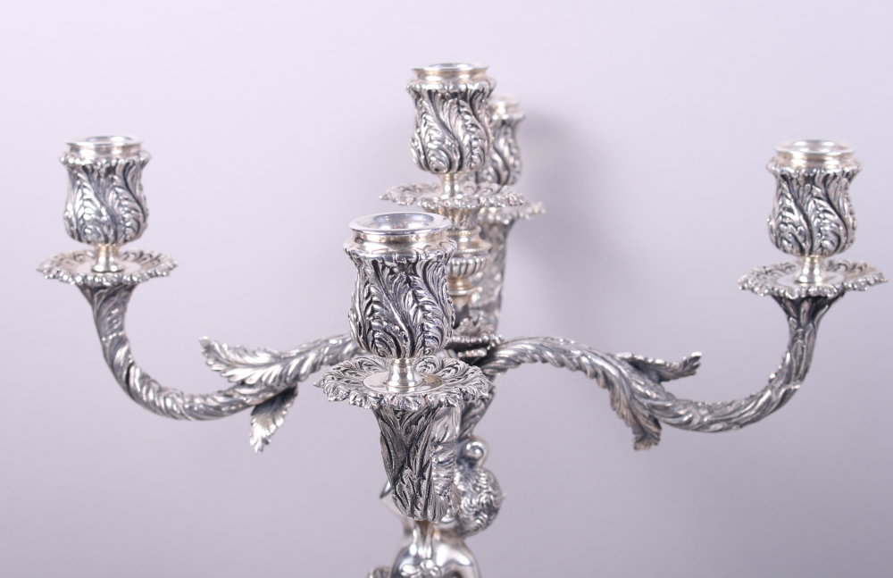A pair of Portuguese silver five-light candelabra with cherub supports, 16 1/2" high, 183.7oz troy - Image 4 of 12