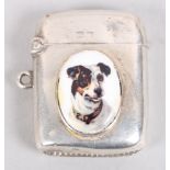 A silver vesta case with later applied panel of a dog, 1 1/2" long