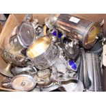 A silver plated part tea service, various plated cruets, condiments, plated flatware, etc