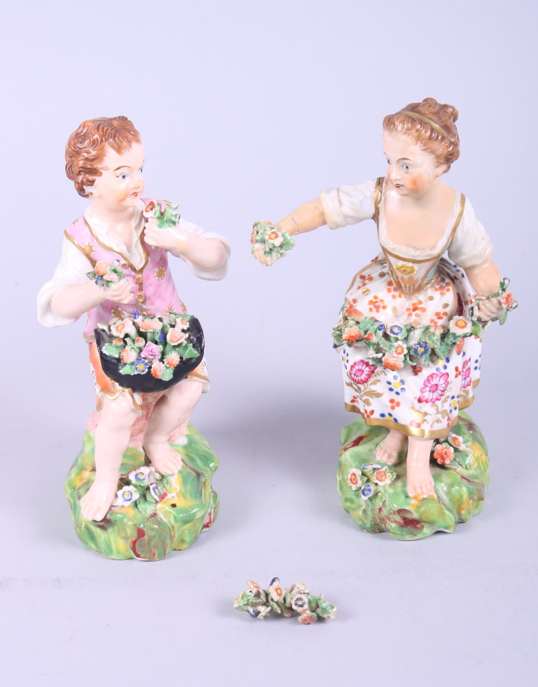 A pair of 19th century Derby figures, flower girl and boy, 5 1/2" high (damages)