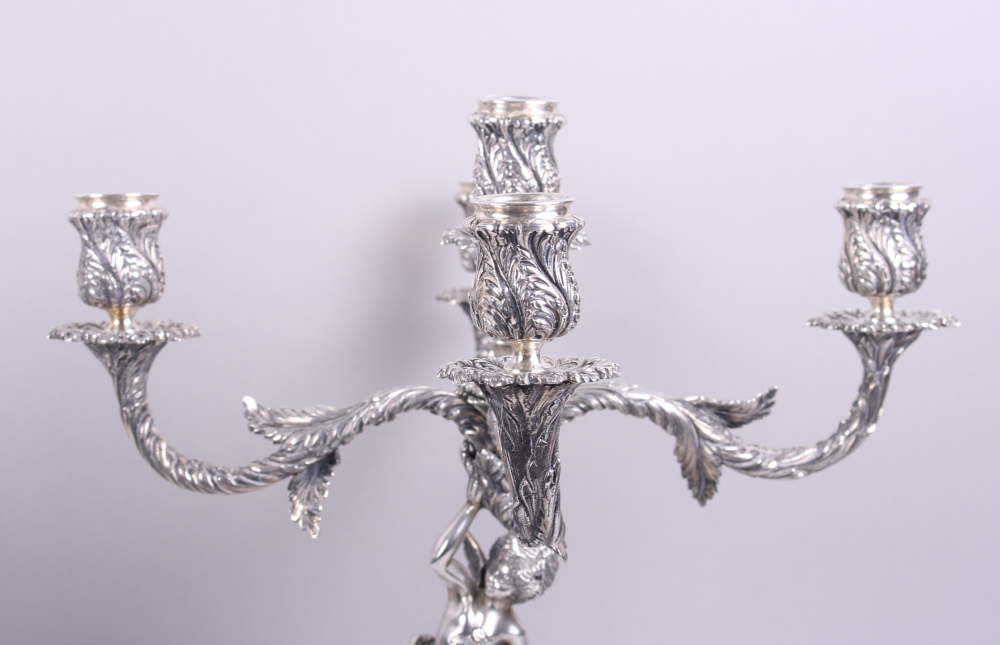 A pair of Portuguese silver five-light candelabra with cherub supports, 16 1/2" high, 183.7oz troy - Image 5 of 12