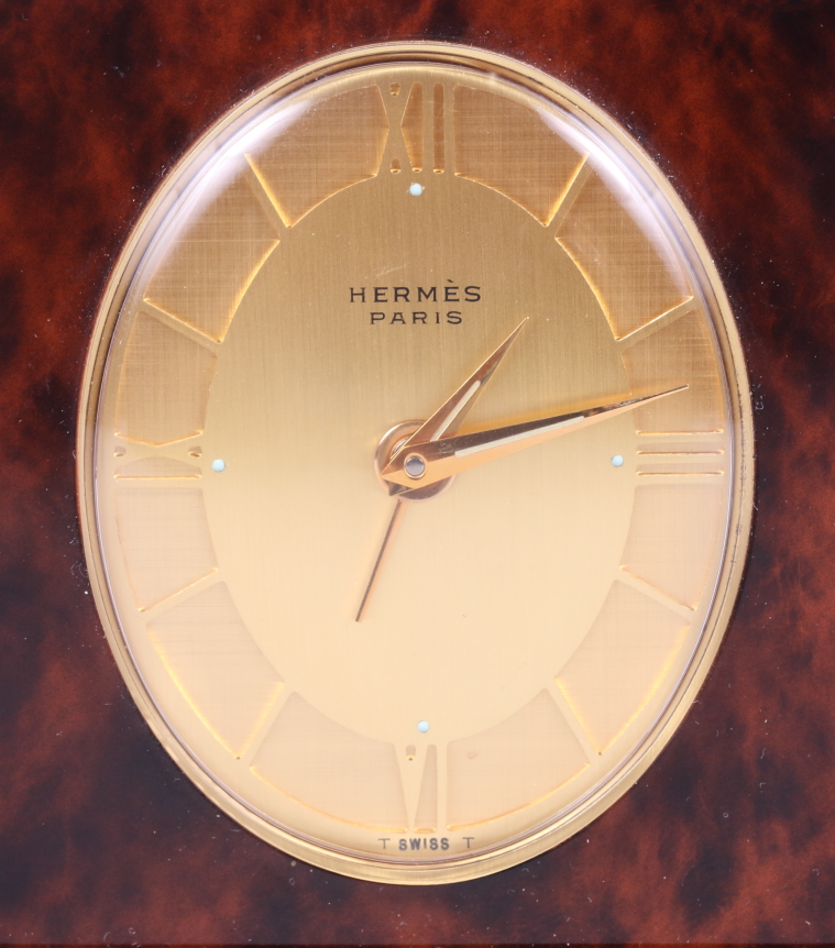 An Hermes "tortoiseshell" alarm clock with gilt dial and Roman numerals, 3" high - Image 2 of 6