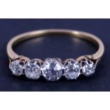 A yellow metal five stone diamond ring, size Q / R