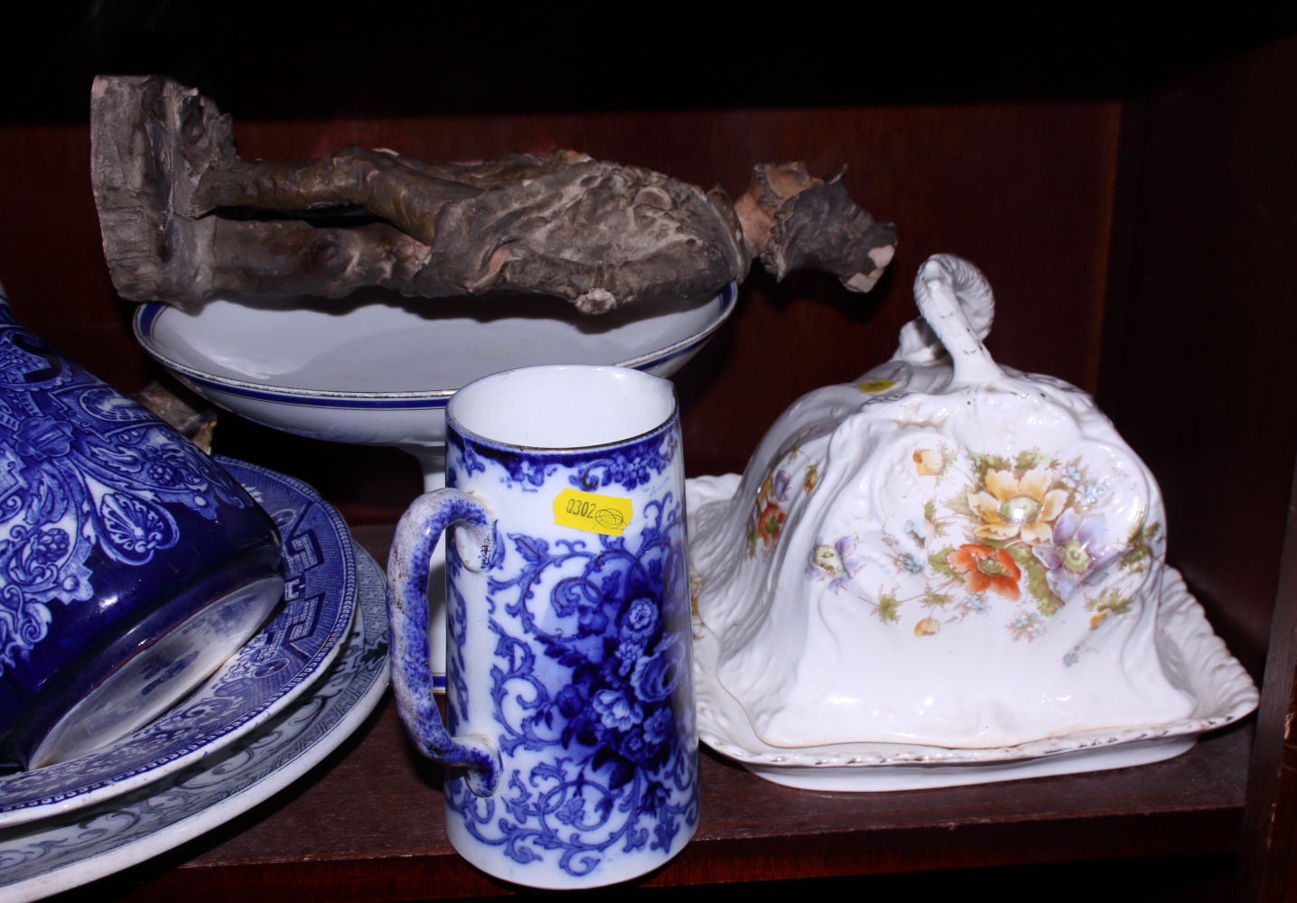 A "Willow" pattern blue and white platter, a Limoges cake stand, two cheese dishes, a Burslem - Image 3 of 3