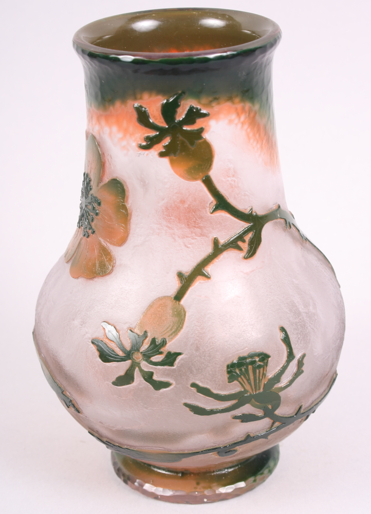 A French overlaid and acid etched glass vase, decorated flowers, signed Daum Nancy to base, 6 3/4" - Image 3 of 9