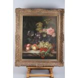 Dino B Hertz: oil on panel, still life of fruit, 19" x 15 1/2", in gilt frame