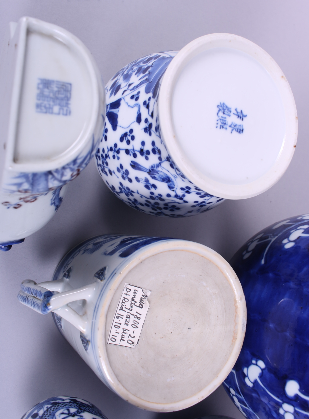 A 19th century Chinese mug, decorated boats, trees and houses, 4" high, two blue and white oviform - Image 5 of 13