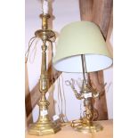 A brass table lamp and shade, and another with hanging accoutrements