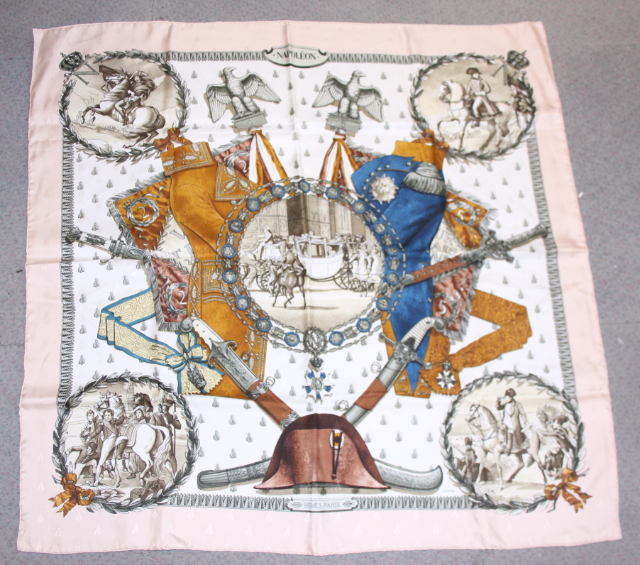 An Hermes "Napoleon" silk scarf with light pink border, in original box