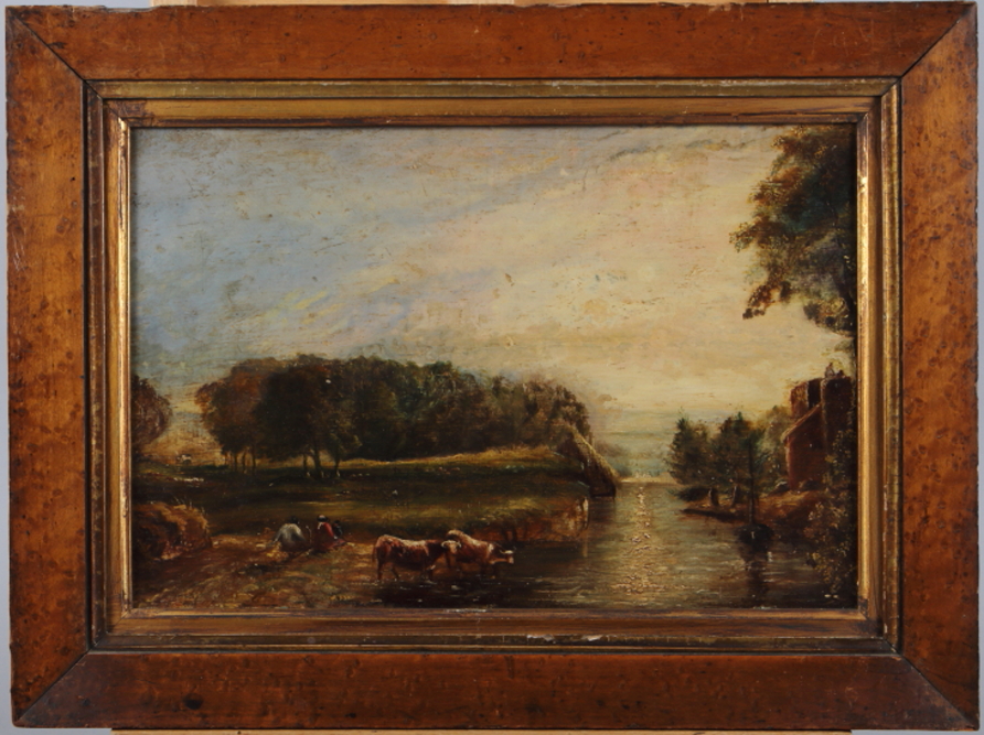 Early 19th century school: oil on oak panel, landscape with cattle watering and a river, 8" x 12",