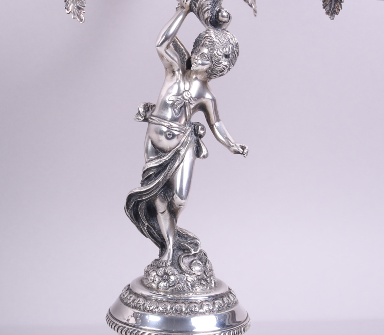 A pair of Portuguese silver five-light candelabra with cherub supports, 16 1/2" high, 183.7oz troy - Image 3 of 12
