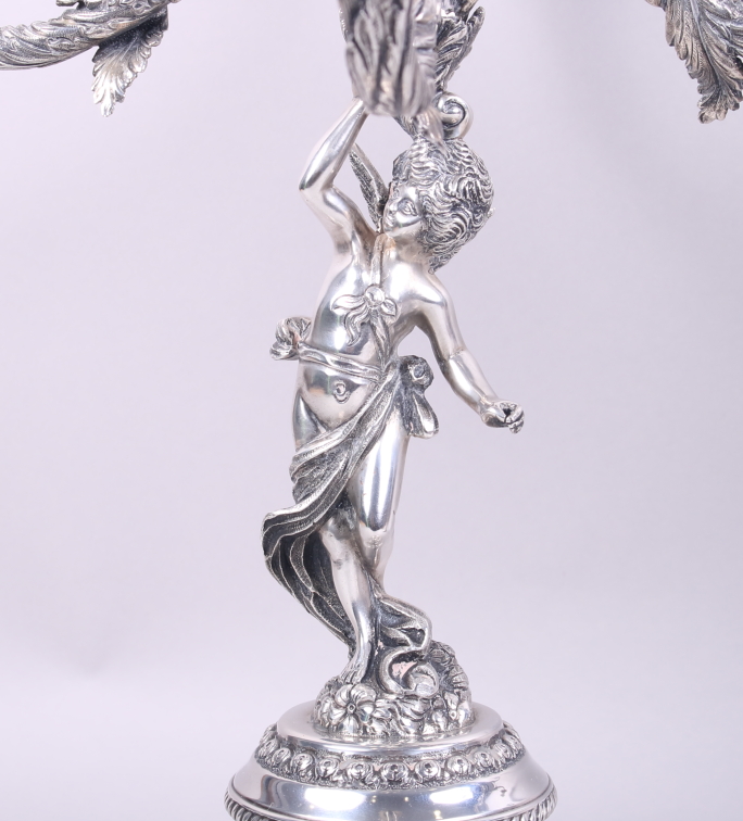 A pair of Portuguese silver five-light candelabra with cherub supports, 16 1/2" high, 183.7oz troy - Image 2 of 12