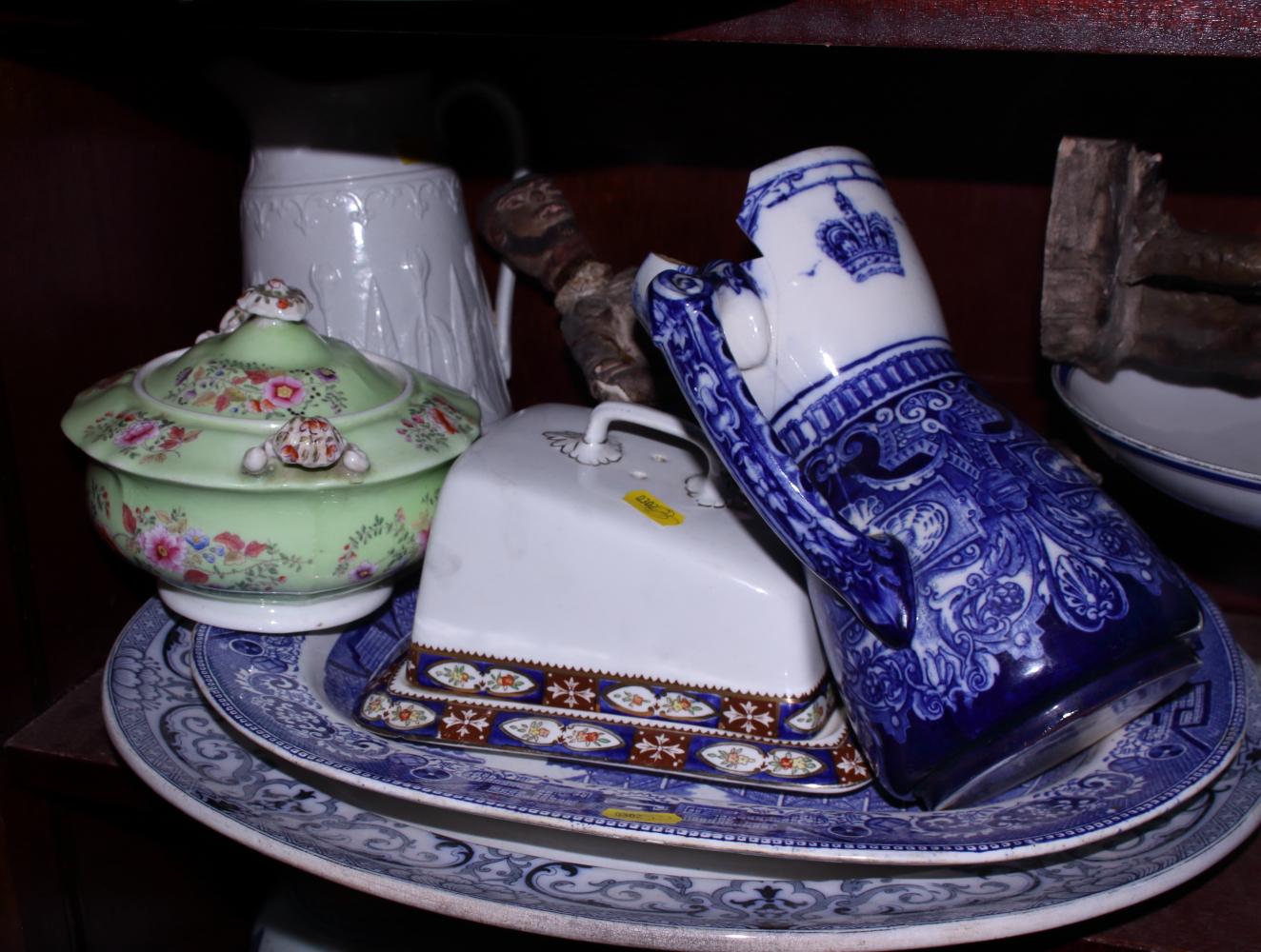 A "Willow" pattern blue and white platter, a Limoges cake stand, two cheese dishes, a Burslem - Image 2 of 3