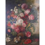 Follower of Van Huysum: oil on canvas, vase of flowers with butterflies and bird’s nest in garden,