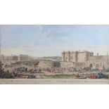A pair of 18th century hand-coloured engravings, views of Paris, Guildhall and Bastille, in rosewood