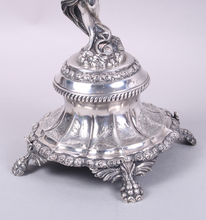 A pair of Portuguese silver five-light candelabra with cherub supports, 16 1/2" high, 183.7oz troy - Image 6 of 12