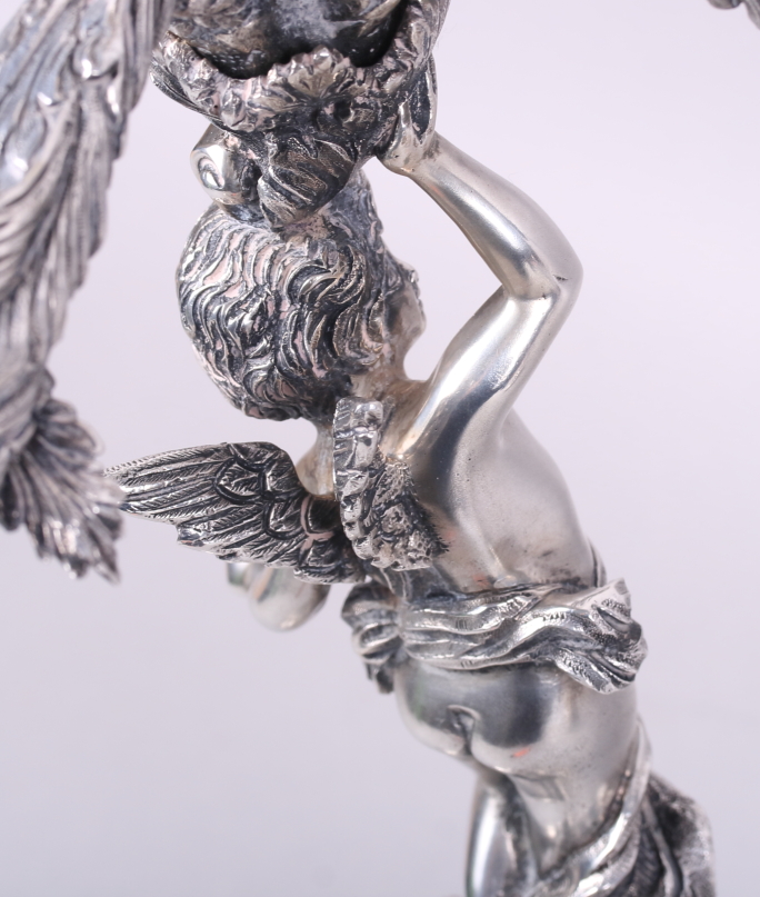 A pair of Portuguese silver five-light candelabra with cherub supports, 16 1/2" high, 183.7oz troy - Image 12 of 12