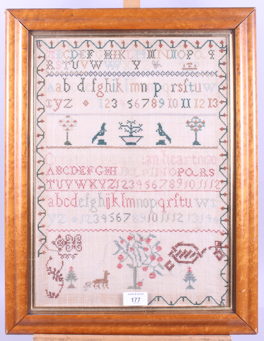 A 19th century needlepoint sampler, 17" x 12", in maple frame - Image 2 of 2