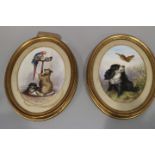 A 19th century porcelain panel after Landseer, "Macaw, Love Birds, Terrier and Spaniel Puppy