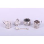 A 19th century Chinese export cruet set, decorated dragons, by Wang Hing, a silver mustard spoon and