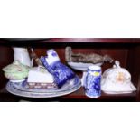 A "Willow" pattern blue and white platter, a Limoges cake stand, two cheese dishes, a Burslem