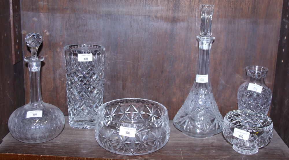 Two glass decanters, a glass bowl, two vases and a pot-pourri bowl