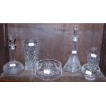 Two glass decanters, a glass bowl, two vases and a pot-pourri bowl