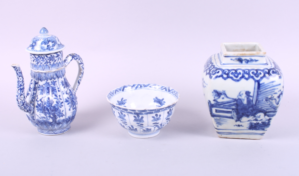 A Chinese blue and white square ginger jar, decorated figures in a garden, 5 1/2" high, a blue and